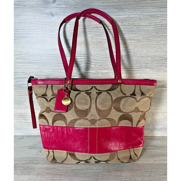Coach Handbags - Coach Signature Stripe Canvas Leather Tote Handbag No#CO868-2429 Khaki Pink Y2K
